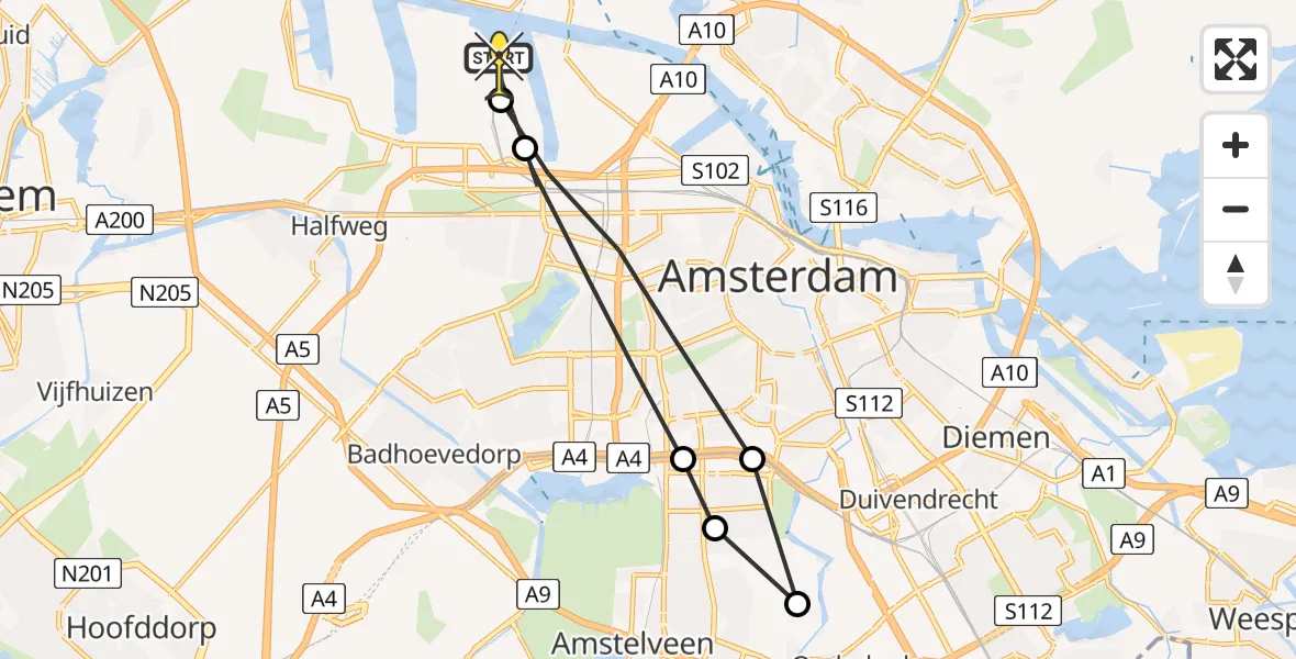 Routekaart van de vlucht: Lifeliner 1 naar Amsterdam Heliport, Corsicaweg