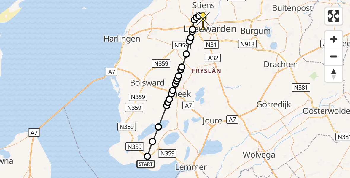 Routekaart van de vlucht: Ambulanceheli naar Vliegbasis Leeuwarden, Skouleane