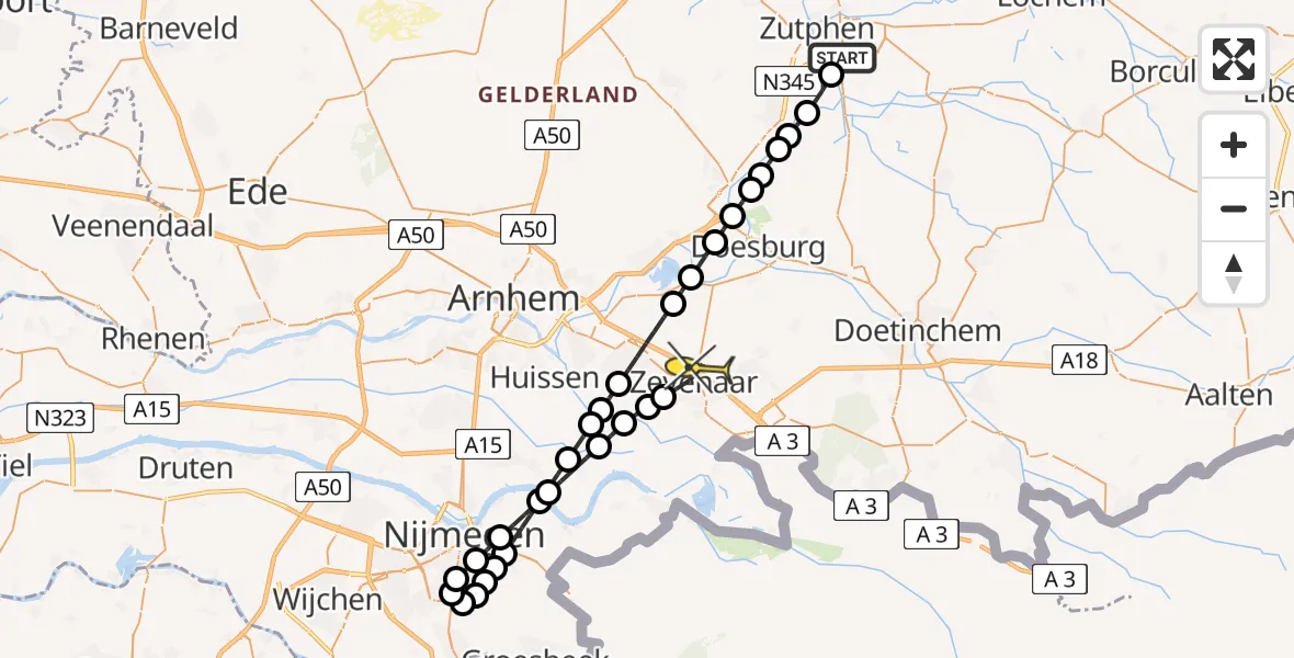 Routekaart van de vlucht: Lifeliner 3 naar Zevenaar, Bronsbergen