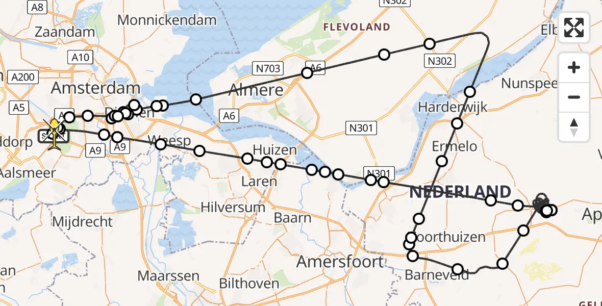 Routekaart van de vlucht: Politieheli naar Schiphol, Halim P.K. straat