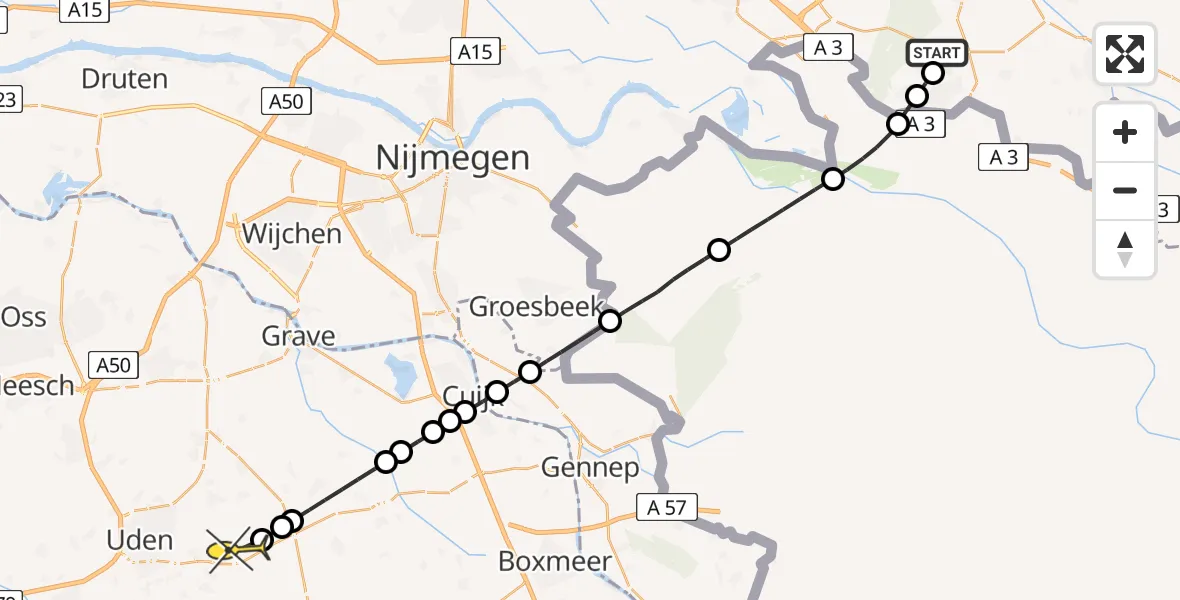 Routekaart van de vlucht: Lifeliner 3 naar Vliegbasis Volkel, Drieheuvelenweg