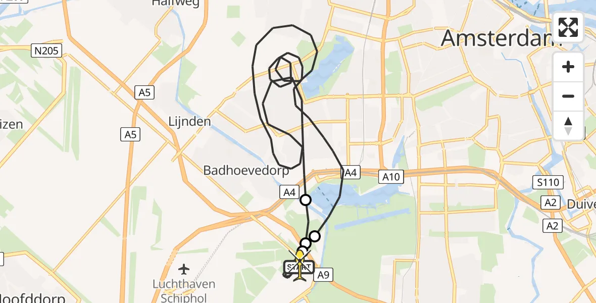 Routekaart van de vlucht: Politieheli naar Schiphol, Schipholweg