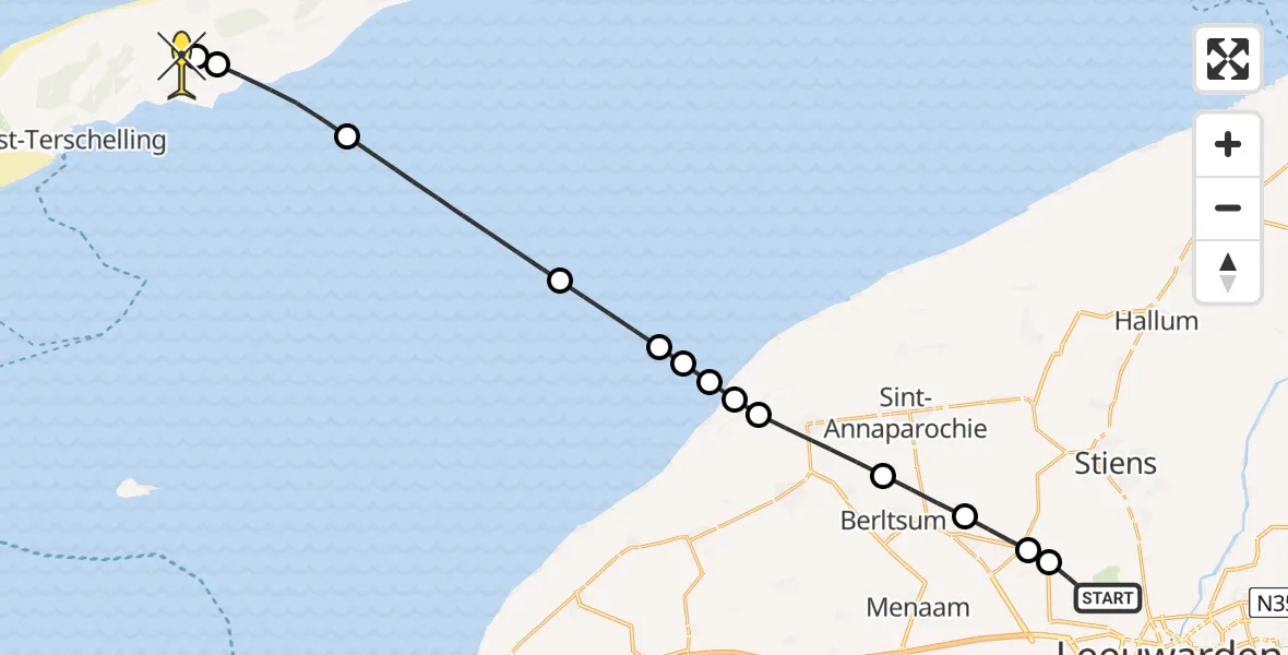 Routekaart van de vlucht: Ambulancehelikopter naar Midsland, Sirtemawei