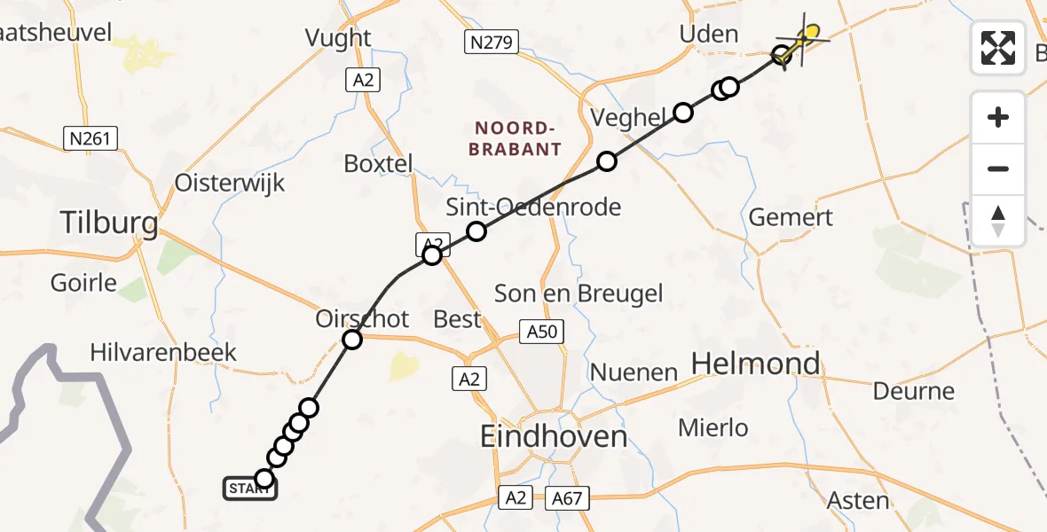 Routekaart van de vlucht: Lifeliner 3 naar Vliegbasis Volkel, De Biezegoren