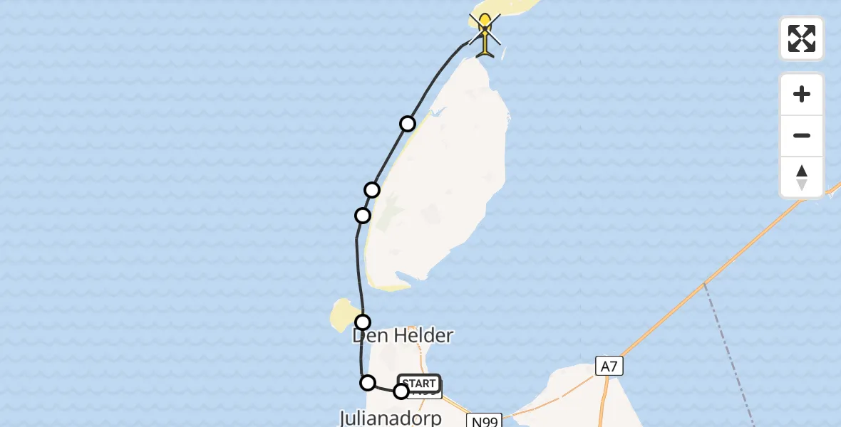 Routekaart van de vlucht: Kustwachthelikopter naar Vlieland, Middenvliet