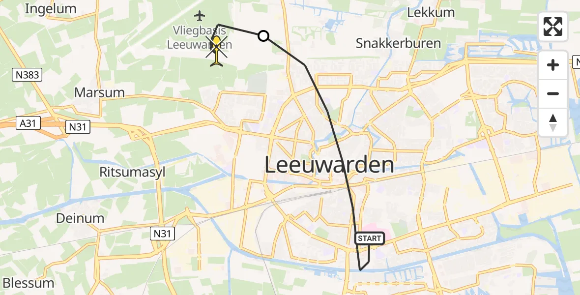 Routekaart van de vlucht: Ambulanceheli naar Vliegbasis Leeuwarden, Oostergoweg