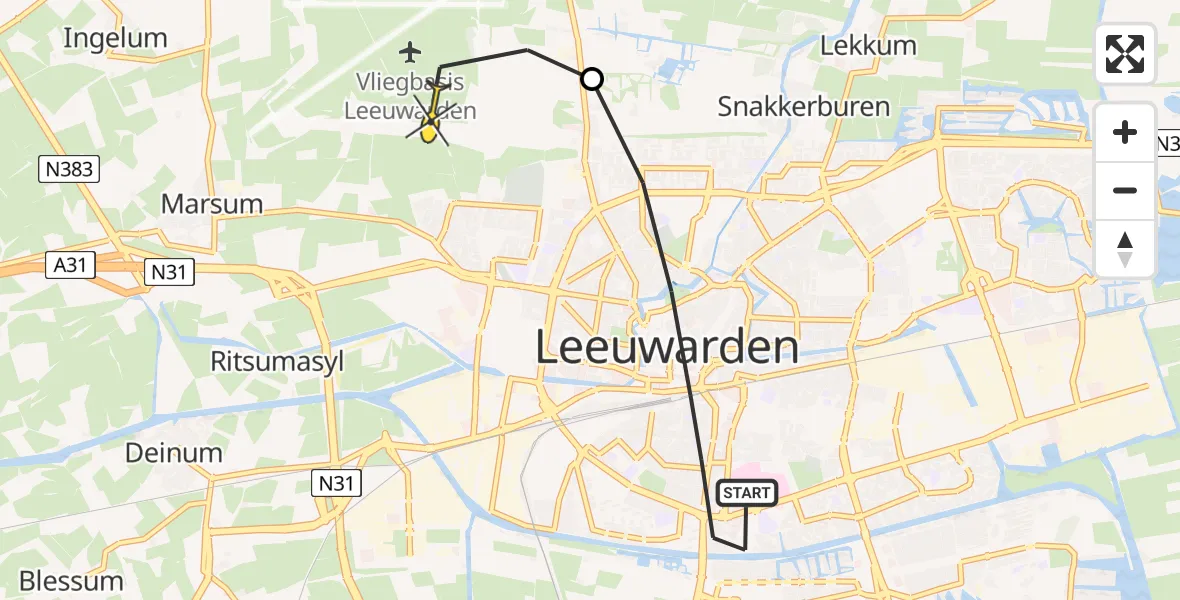 Routekaart van de vlucht: Ambulanceheli naar Vliegbasis Leeuwarden, Van Ostadestraat