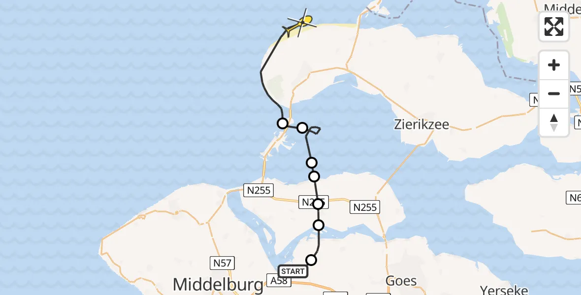 Routekaart van de vlucht: Kustwachthelikopter naar Renesse, Pietweg