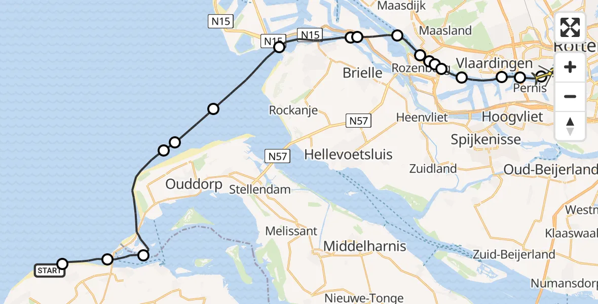 Routekaart van de vlucht: Kustwachthelikopter naar Rotterdam, Brielse Gatdam