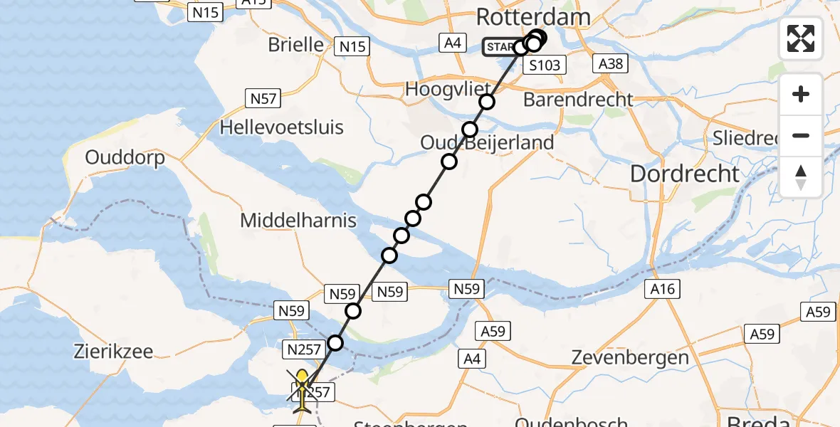 Routekaart van de vlucht: Kustwachthelikopter naar Sint Philipsland, Koninginnenhoofd