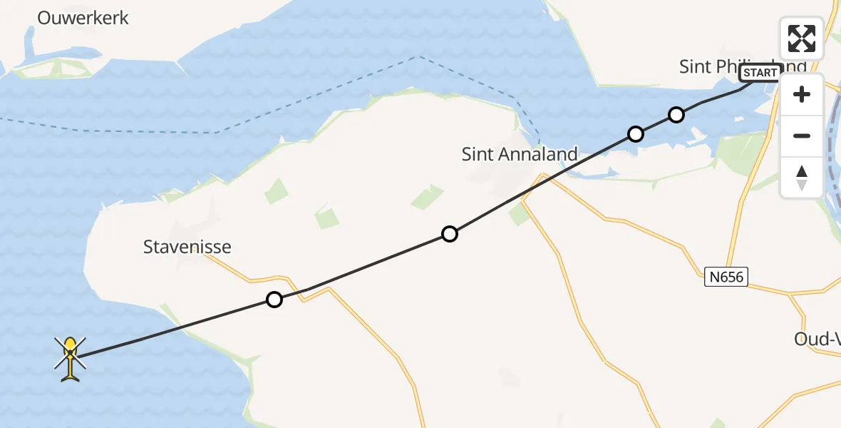 Routekaart van de vlucht: Kustwachthelikopter naar Stavenisse, Zuiddijk