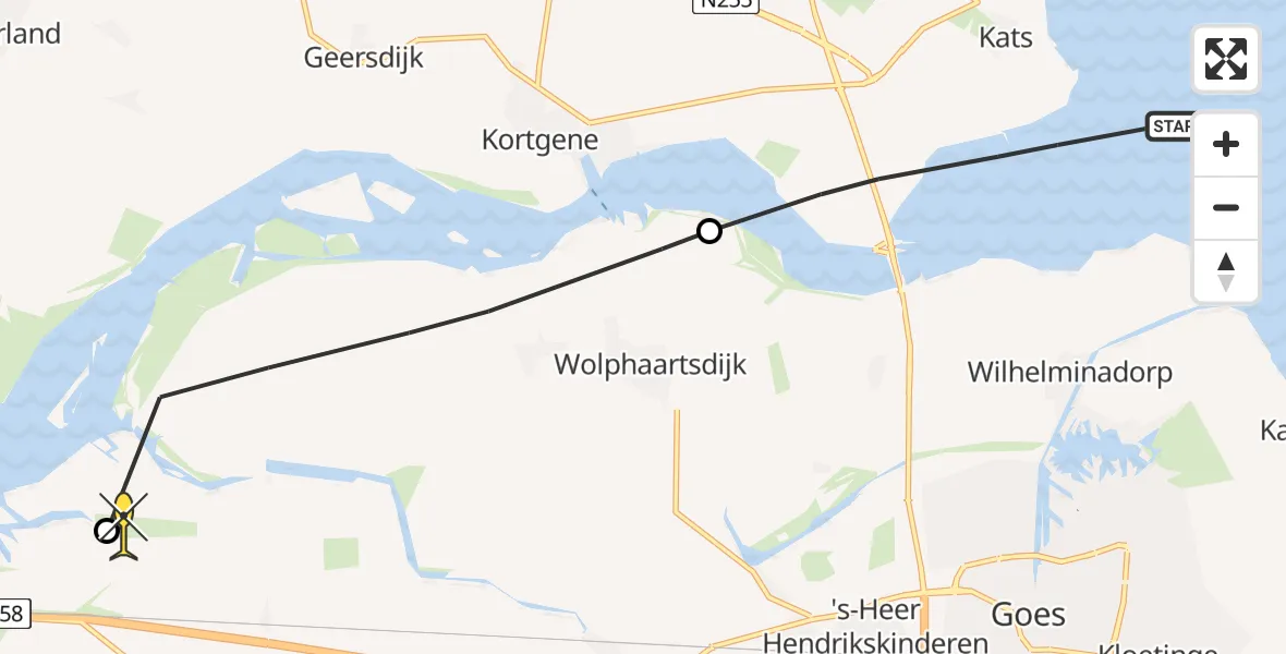Routekaart van de vlucht: Kustwachthelikopter naar Vliegveld Midden-Zeeland, Leendert Abrahamweg
