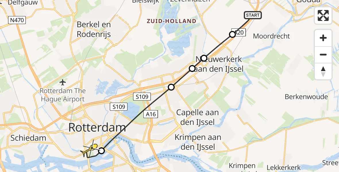 Routekaart van de vlucht: Lifeliner 1 naar Erasmus MC, Rijksweg