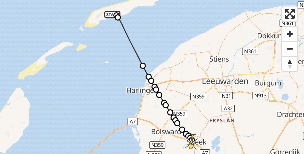 Routekaart van de vlucht: Ambulanceheli naar Sneek, Midslander Hoofdweg