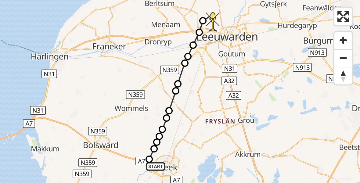 Routekaart van de vlucht: Ambulanceheli naar Vliegbasis Leeuwarden, Bolswarderbaan