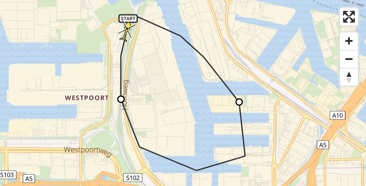 Routekaart van de vlucht: Lifeliner 1 naar Amsterdam Heliport, Kompasweg