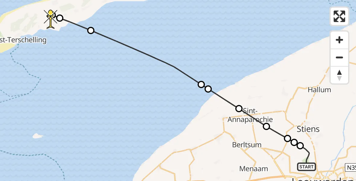Routekaart van de vlucht: Ambulanceheli naar Midsland, Keegsdijkje