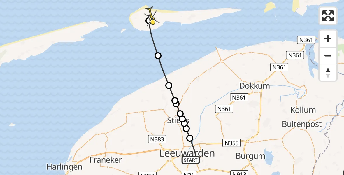 Routekaart van de vlucht: Ambulancehelikopter naar Ameland Airport Ballum, Badwegsend