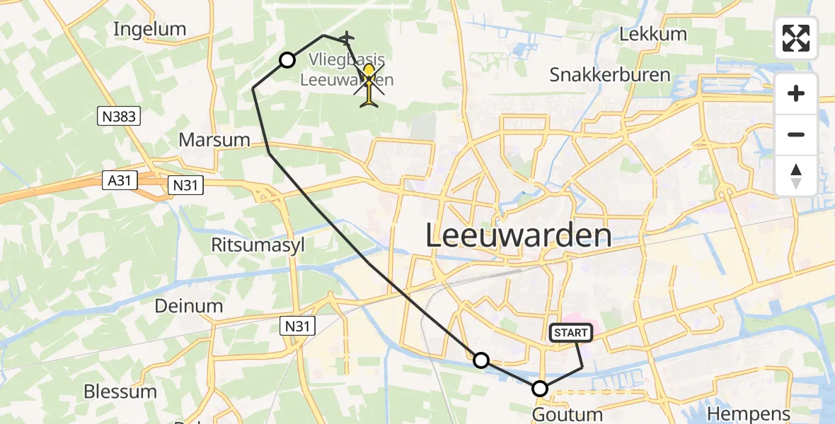 Routekaart van de vlucht: Ambulanceheli naar Vliegbasis Leeuwarden, Overijsselselaan