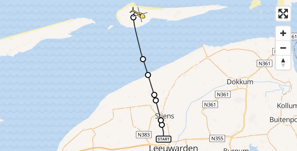 Routekaart van de vlucht: Ambulancehelikopter naar Ameland Airport Ballum, Koarnjumer Feart