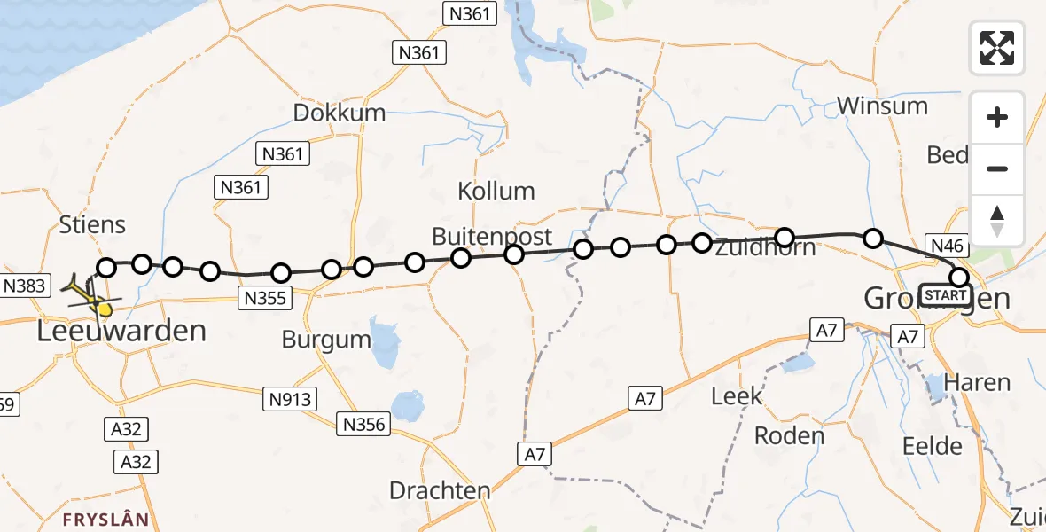 Routekaart van de vlucht: Ambulanceheli naar Vliegbasis Leeuwarden, Poortweg
