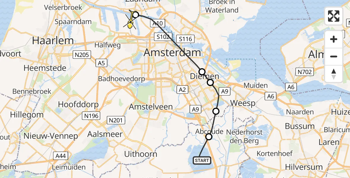 Routekaart van de vlucht: Lifeliner 1 naar Amsterdam Heliport, Vinkeveense Plassen