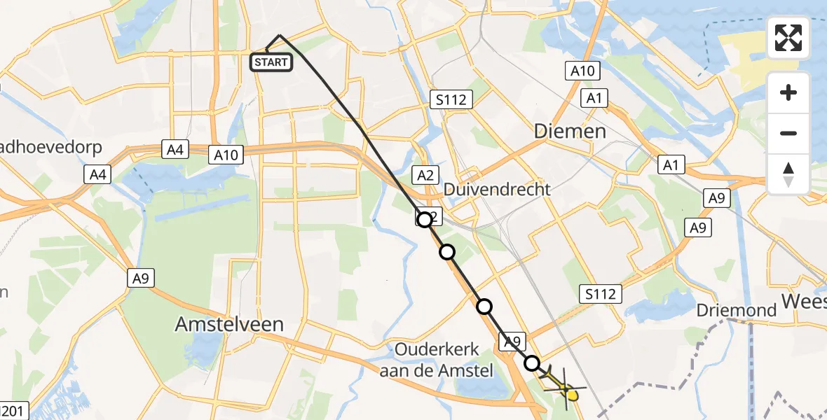 Routekaart van de vlucht: Lifeliner 1 naar Academisch Medisch Centrum (AMC), Grote Speelweide