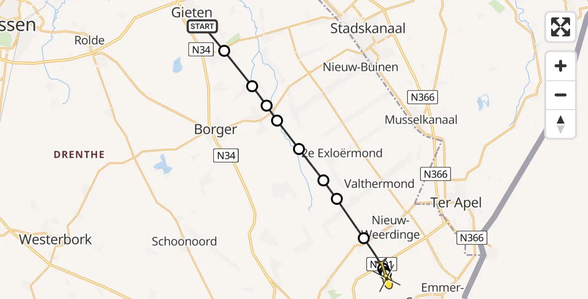 Routekaart van de vlucht: Lifeliner 4 naar Roswinkel, Ir. W.I.C. van Veelenweg