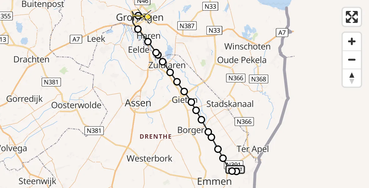 Routekaart van de vlucht: Lifeliner 4 naar Universitair Medisch Centrum Groningen, Veenakkers