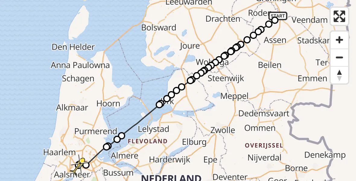 Routekaart van de vlucht: Politieheli naar Schiphol, Moespot