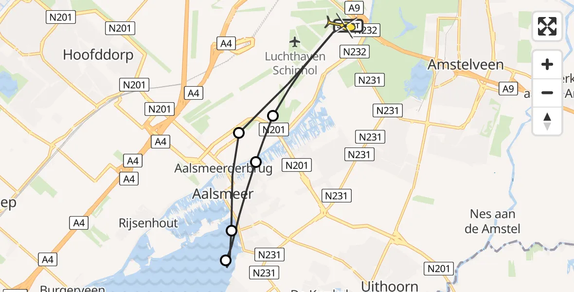 Routekaart van de vlucht: Politieheli naar Schiphol, E.L.T.A. straat