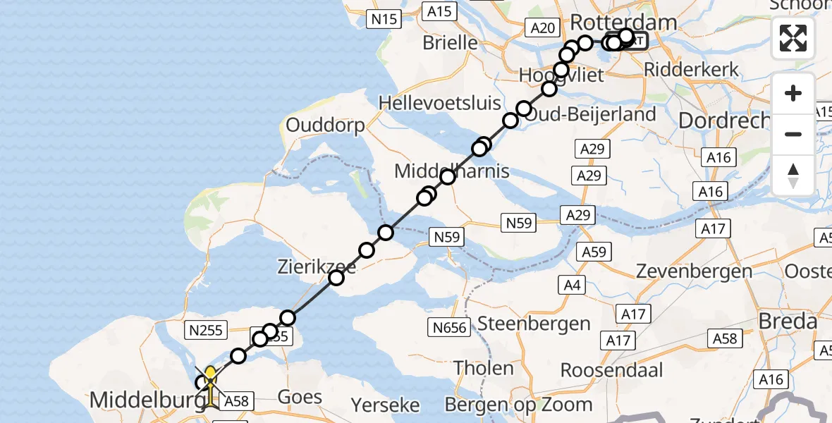 Routekaart van de vlucht: Kustwachthelikopter naar Vliegveld Midden-Zeeland, Westerkade
