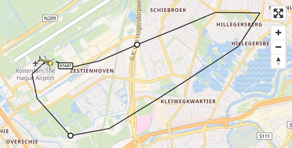 Routekaart van de vlucht: Lifeliner 2 naar Rotterdam The Hague Airport, Brandenburgbaan