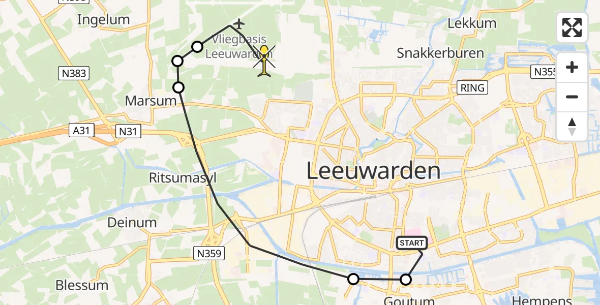 Routekaart van de vlucht: Ambulancehelikopter naar Vliegbasis Leeuwarden, Reade Poarte