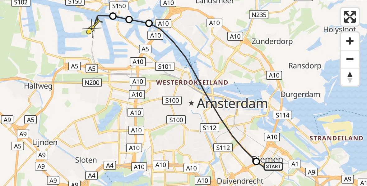 Routekaart van de vlucht: Lifeliner 1 naar Amsterdam Heliport, Middenweg