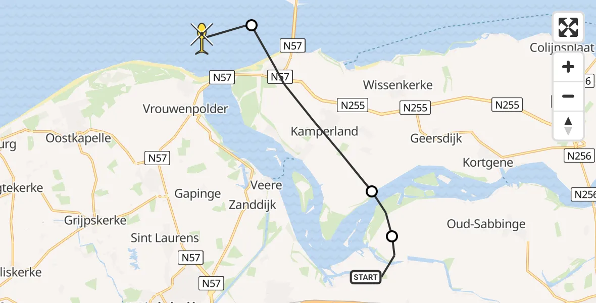 Routekaart van de vlucht: Kustwachthelikopter naar Vrouwenpolder, Pietweg