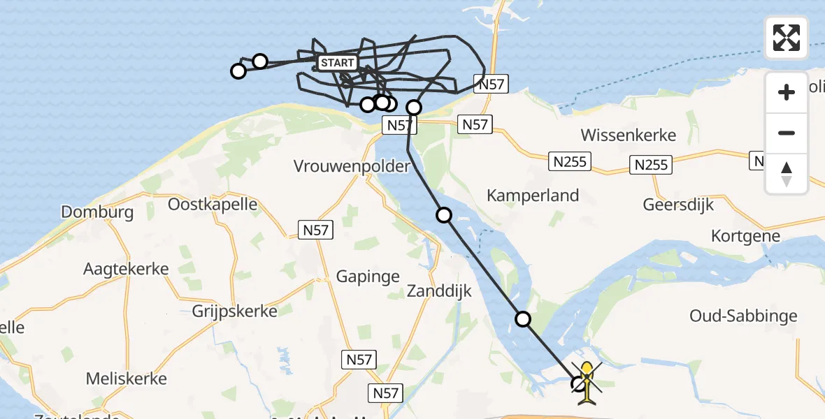 Routekaart van de vlucht: Kustwachthelikopter naar Vliegveld Midden-Zeeland, Calandweg
