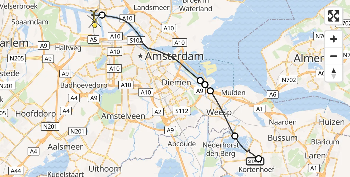 Routekaart van de vlucht: Lifeliner 1 naar Amsterdam Heliport, Verlengde Bergse Pad