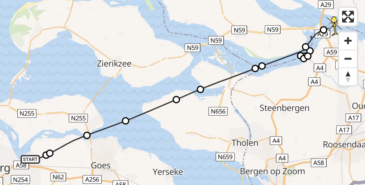 Routekaart van de vlucht: Kustwachthelikopter naar Willemstad, Meerkoetweg