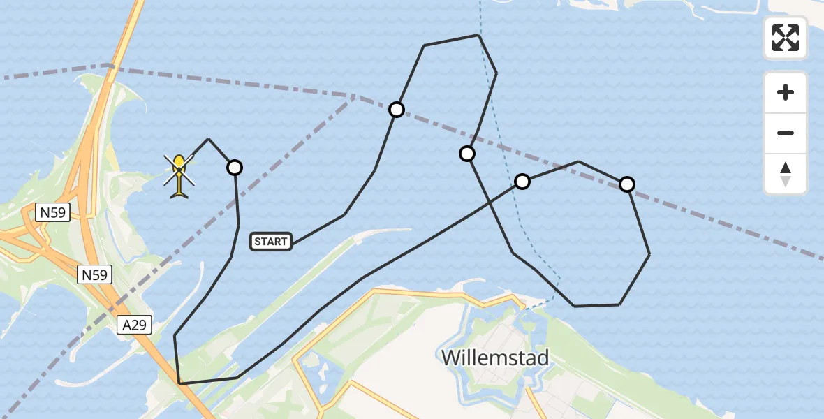 Routekaart van de vlucht: Kustwachthelikopter naar Ooltgensplaat, Dorpshaven te Numansdorp