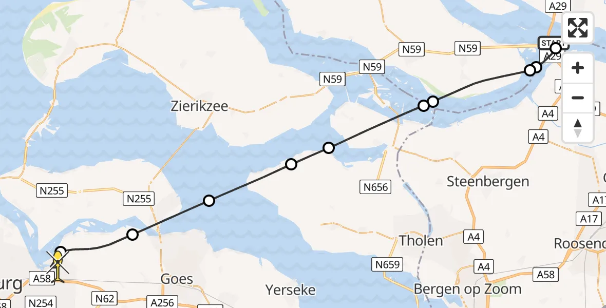 Routekaart van de vlucht: Kustwachthelikopter naar Vliegveld Midden-Zeeland, Sluispad Noord