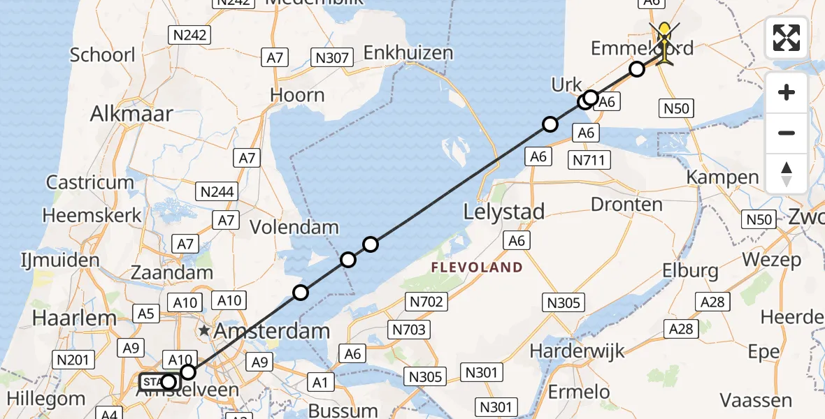 Routekaart van de vlucht: Politiehelikopter naar Emmeloord, Stationsplein-Zuidwest