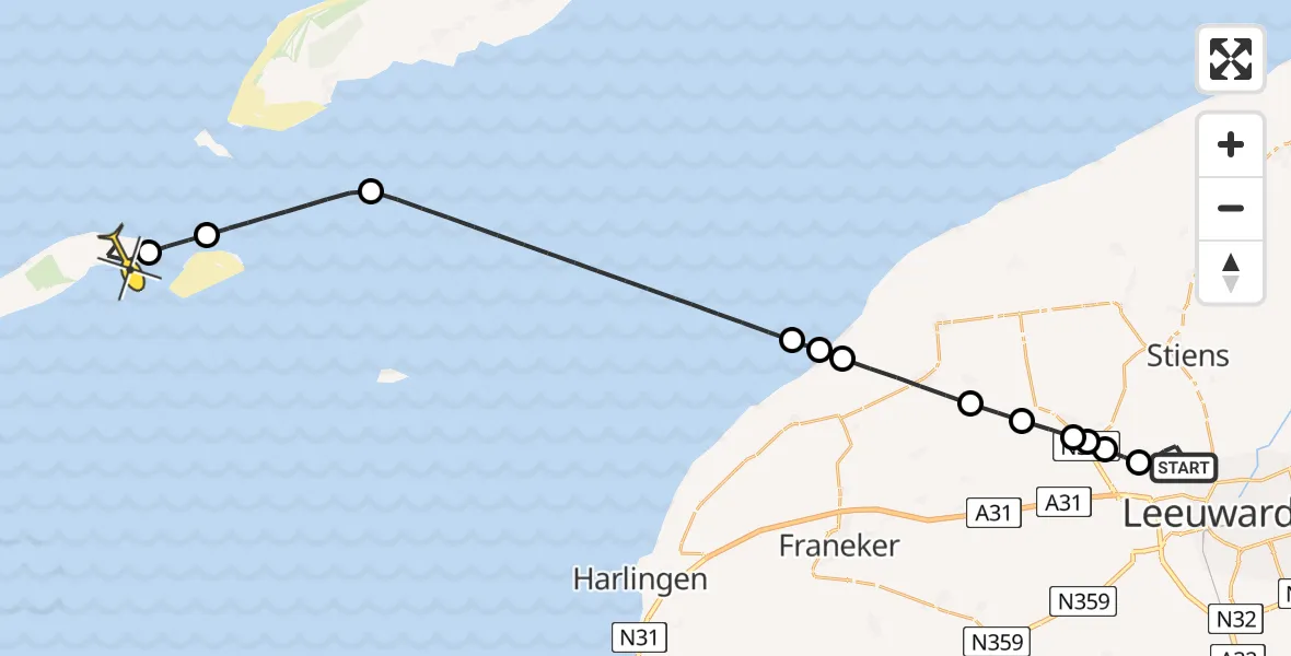 Routekaart van de vlucht: Ambulancehelikopter naar Vlieland Heliport, Keegsdijkje