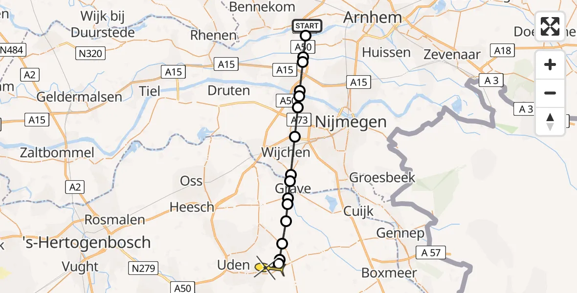 Routekaart van de vlucht: Lifeliner 3 naar Vliegbasis Volkel, Drielse Rijndijk