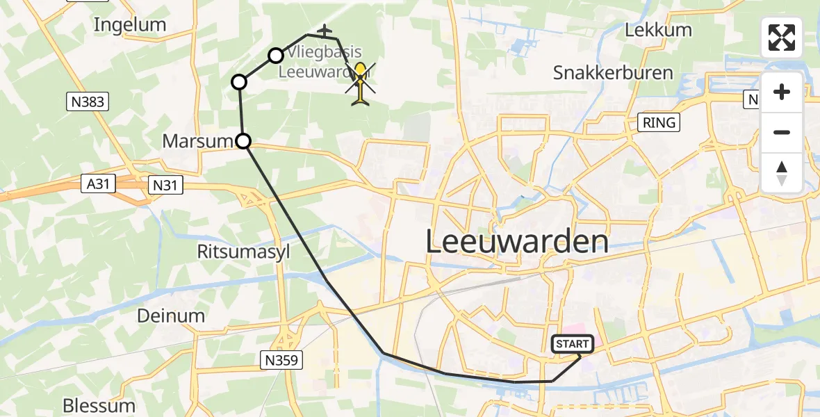 Routekaart van de vlucht: Ambulanceheli naar Vliegbasis Leeuwarden, Nijlânsdyk