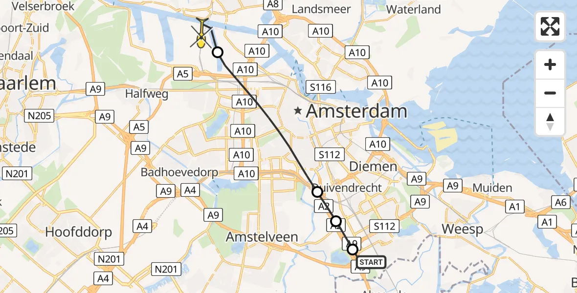 Routekaart van de vlucht: Lifeliner 1 naar Amsterdam Heliport, Golfbaanpad