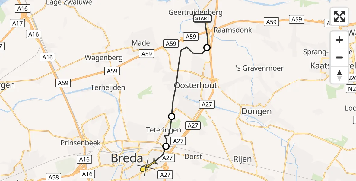 Routekaart van de vlucht: Lifeliner 2 naar Breda, Koningstraat