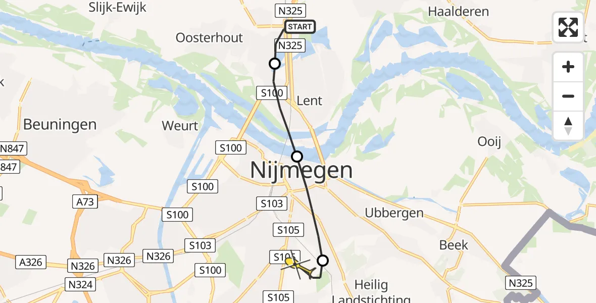 Routekaart van de vlucht: Lifeliner 3 naar Radboud Universitair Medisch Centrum, Oosterhoutse plas