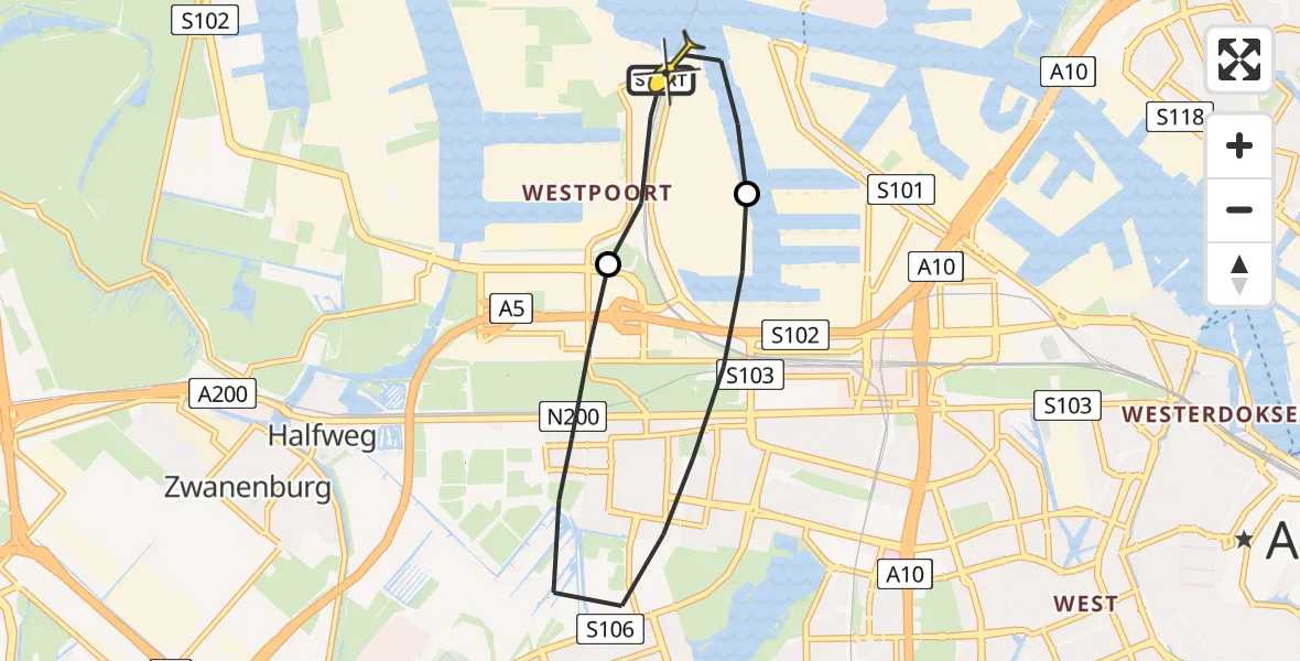 Routekaart van de vlucht: Lifeliner 1 naar Amsterdam Heliport, Nieuw-Zeelandweg