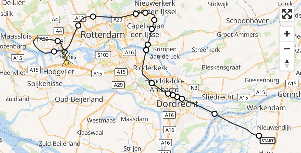 Routekaart van de vlucht: Politieheli naar Pernis, Bakkerskilweg